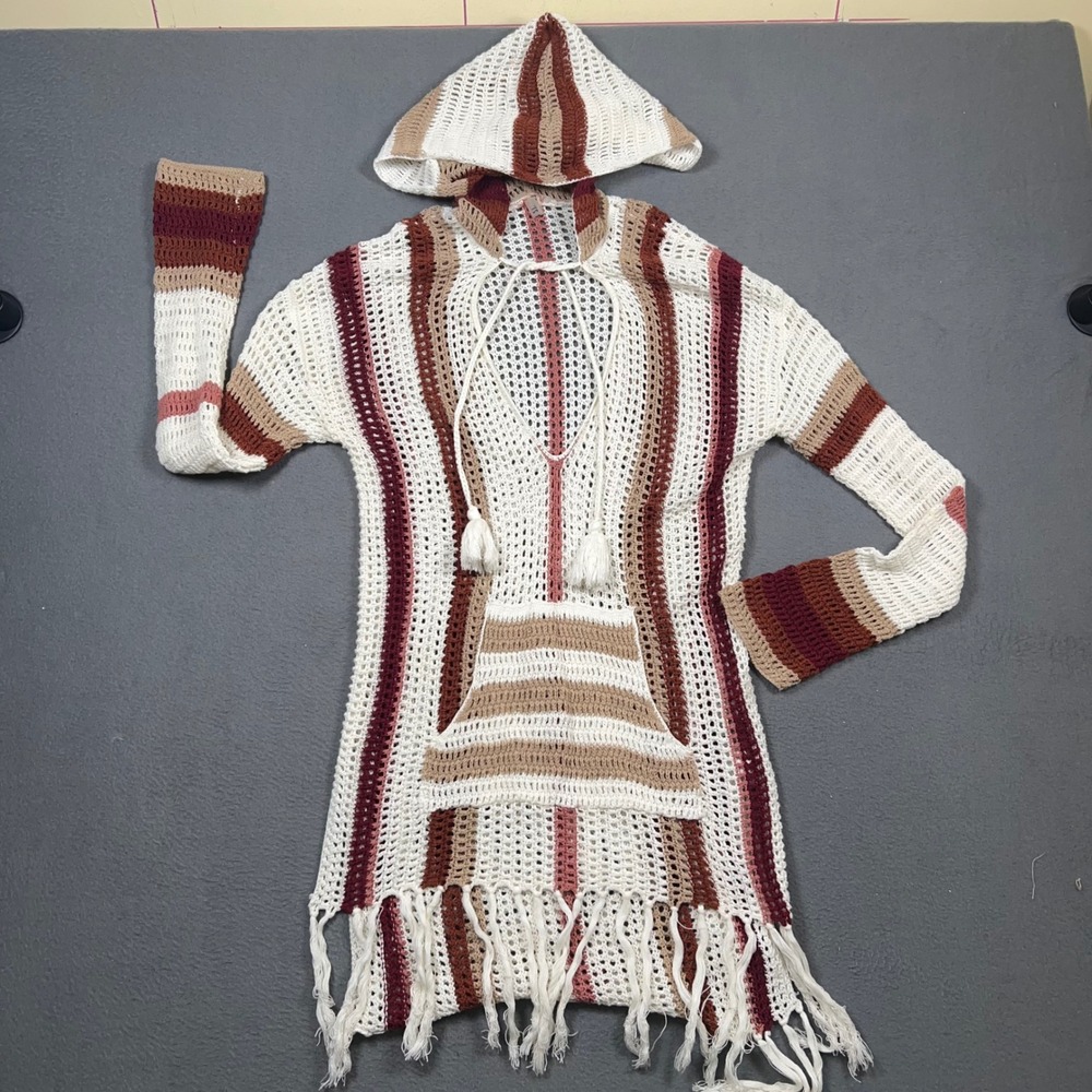Forever 21 Hoodie Women S White Brown Striped Crochet Baja Boho Fringe Sweater